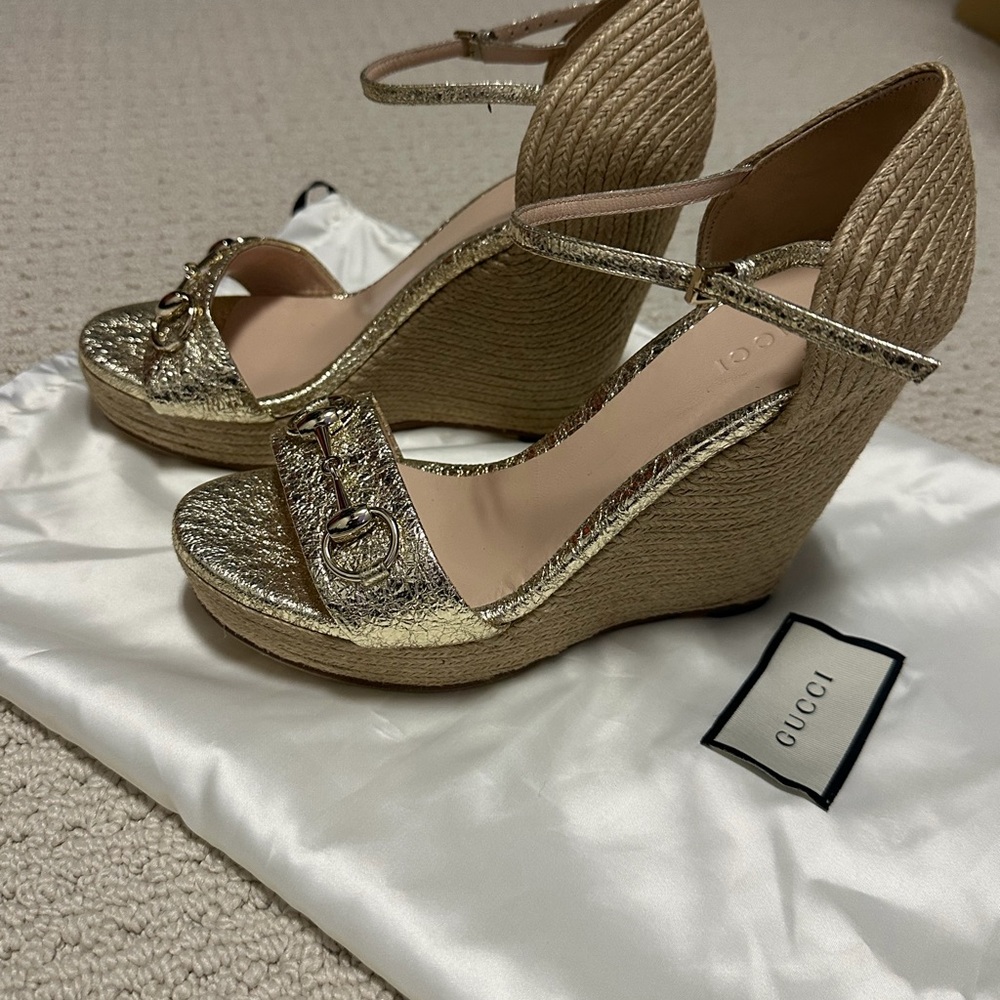 Gucci Gold Horsebit Espadrille Wedge Sandals 37.5 Spain Authentic